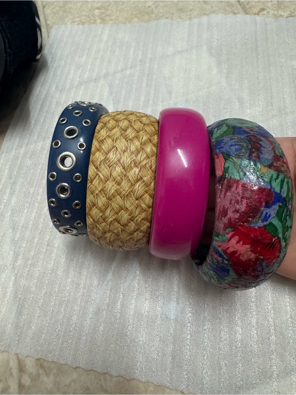 Women's Mixed-Material Bangle Bracelet Set - Pink, Navy, Natural, Multicolor